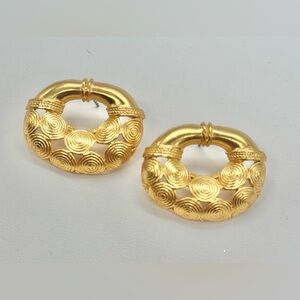 Vintage Matte Gold Tone Pre Columbian Inspo Earrings Pierced Post Aztec Mayan